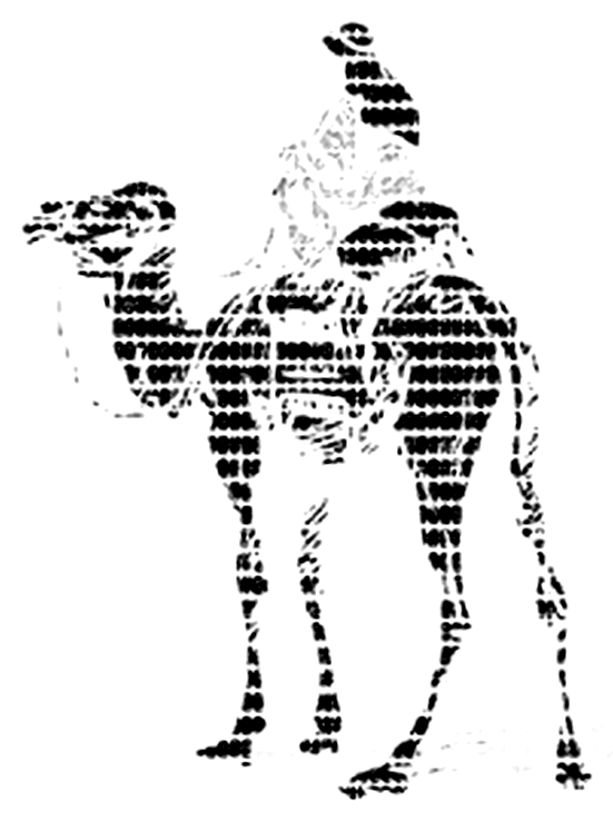 A rider on a camel, drawn in dithered type